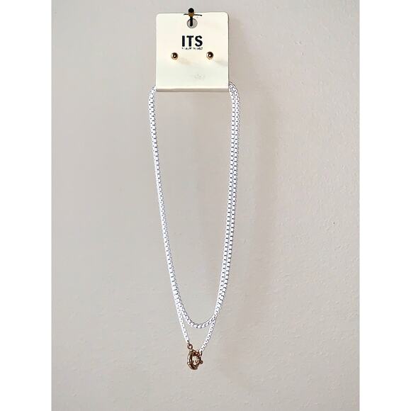 ITS sense White Enamel Double Box Chain Faux Clasp Pendant Earring Set NWT - Picture 4 of 6